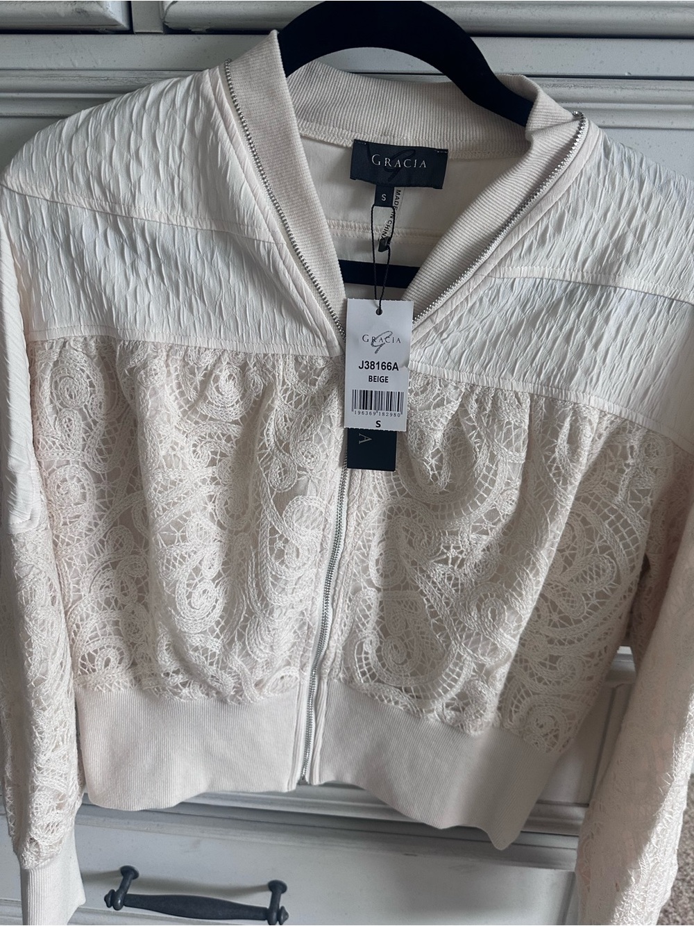 Gracia Beige Lace & Textured Bomber Jacket